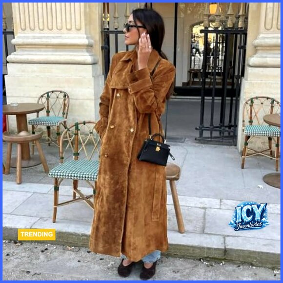 Faux Suede Long Trench Pea Coat with Belt Notched Lapel Double Breasted - Picture 5 of 7